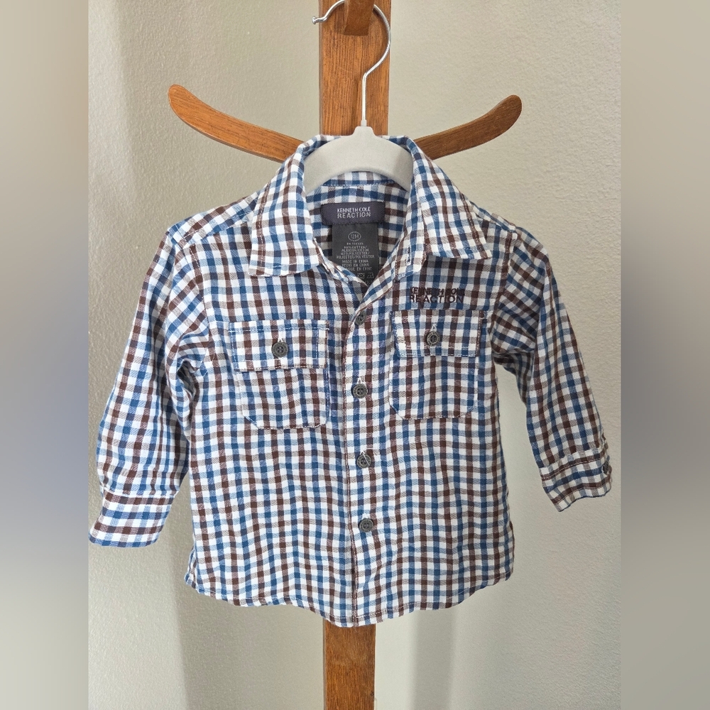 Kenneth Cole Reaction Blue and Brown Checkered Button Down Shirt
